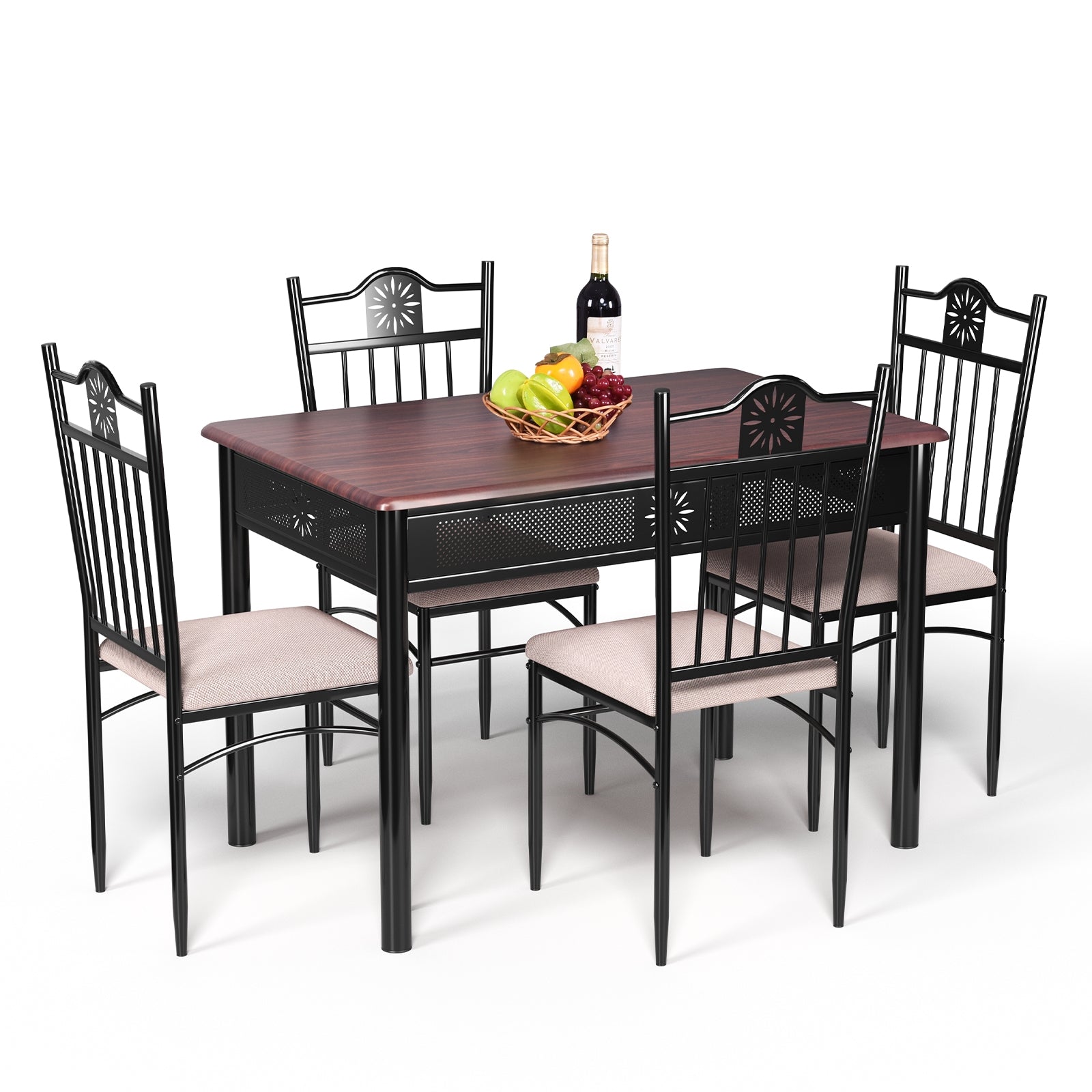 5 Pcs Dining Set Wood Metal Table and 4 Chairs with Cushions-Black - Default
