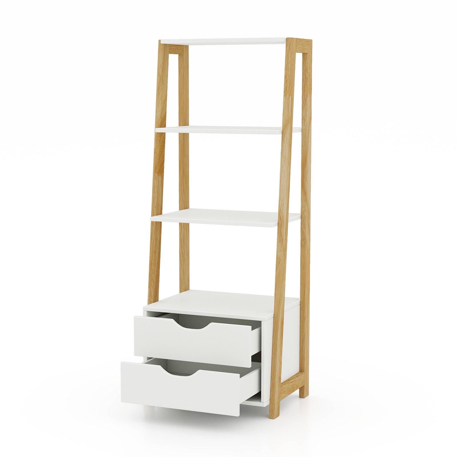 4-Tier Ladder Bookshelf Storage Display with 2 Drawers-White - White