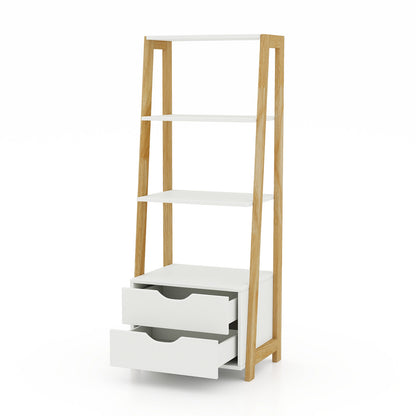 4-Tier Ladder Bookshelf Storage Display with 2 Drawers-White - White