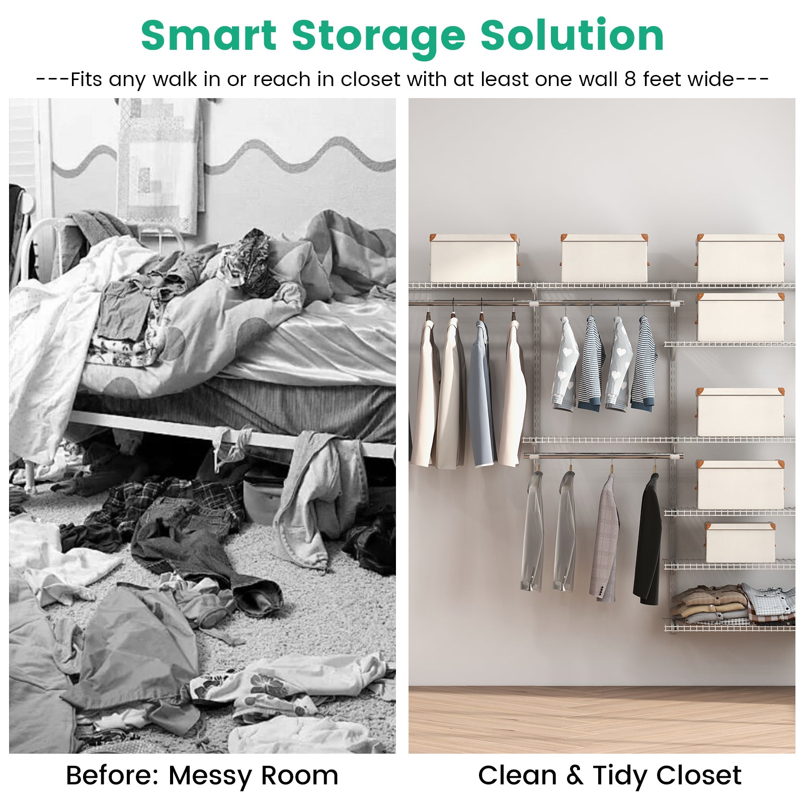 Adjustable Closet Organizer Kit with Shelves and Hanging Rods for 4 to 6 Feet-White
