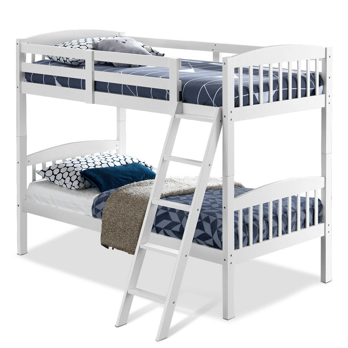 Solid Wood Twin Bunk Beds with Detachable Kids Ladder - White