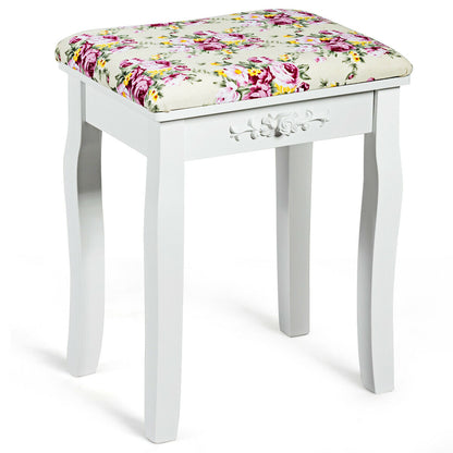 Vanity Wood Dressing Stool Padded Piano Seat with Rose Cushion-White