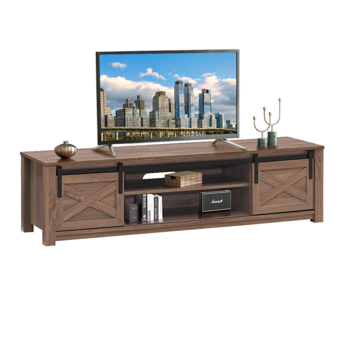 65 Inch Flat Sliding Barn Door TV Stand-Walnut