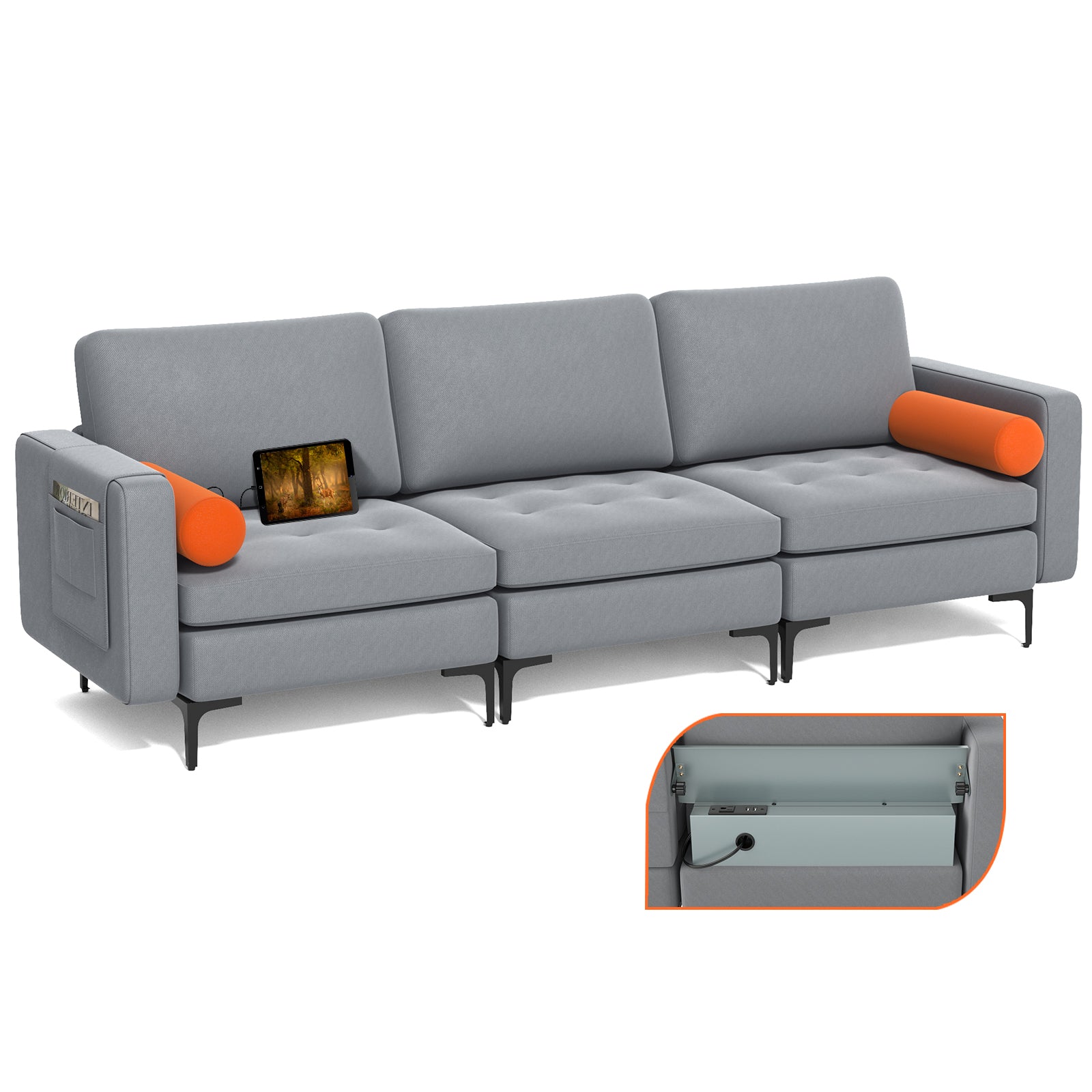Modular 1/2/3/4-Seat L-Shaped Sectional Sofa Couch with Socket USB Port-3-Seat with USB port - Gray