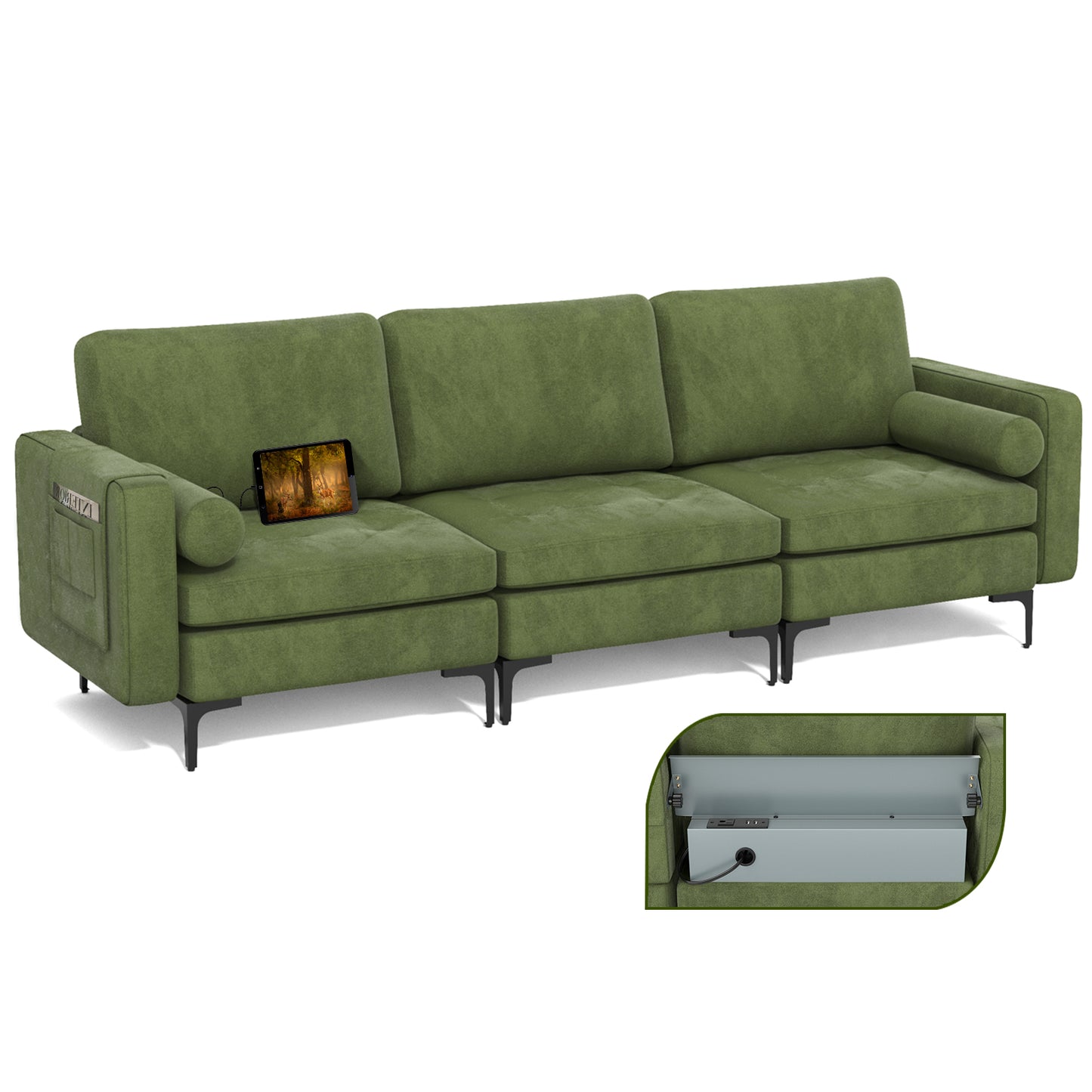 Modular 1/2/3/4-Seat L-Shaped Sectional Sofa Couch with Socket USB Port-3-Seat with USB port - Green