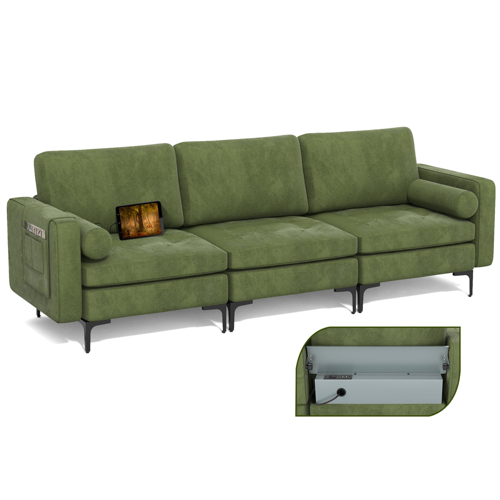 Modular 1/2/3/4-Seat L-Shaped Sectional Sofa Couch with Socket USB Port-3-Seat with USB port - Green