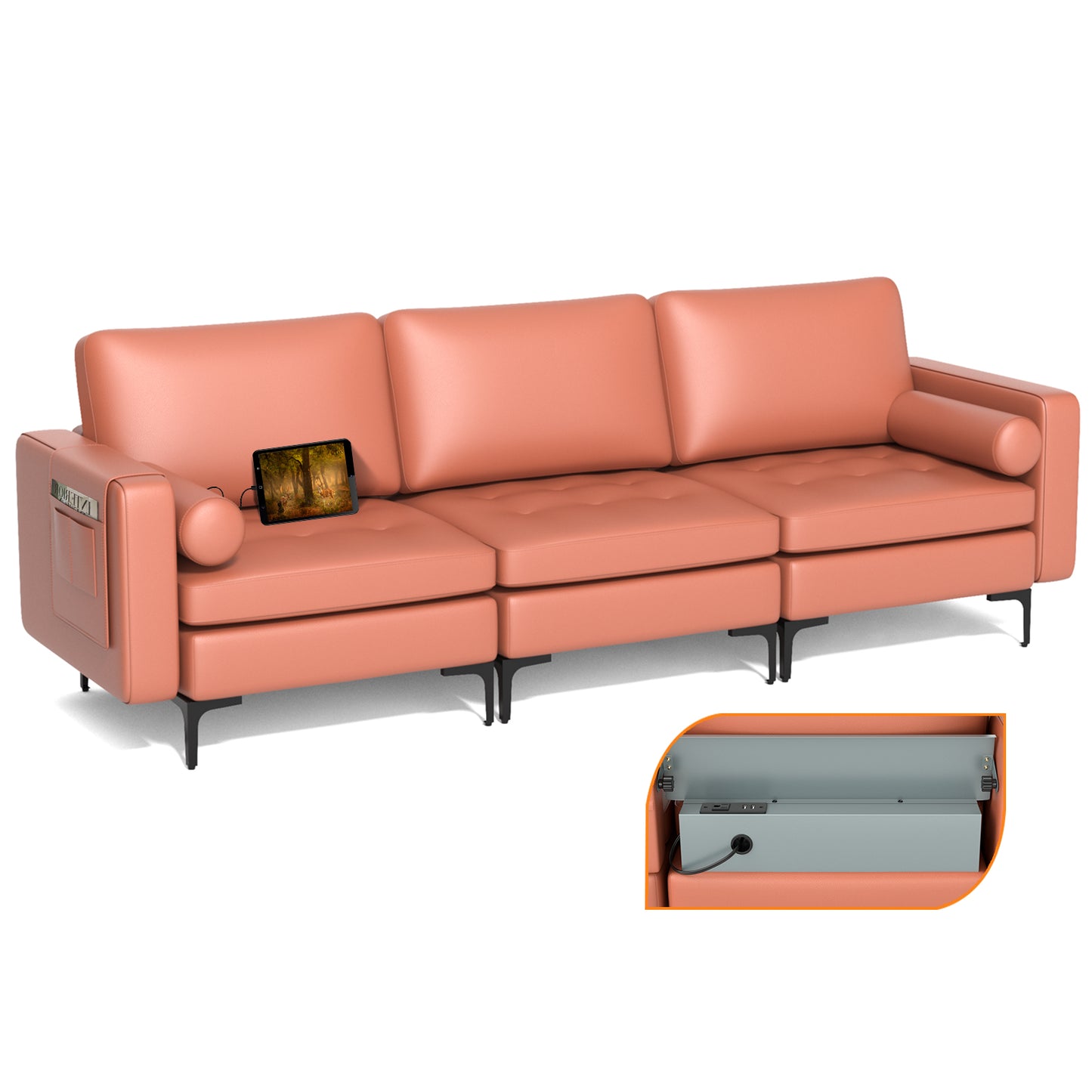 Modular 1/2/3/4-Seat L-Shaped Sectional Sofa Couch with Socket USB Port-3-Seat with USB port - Red