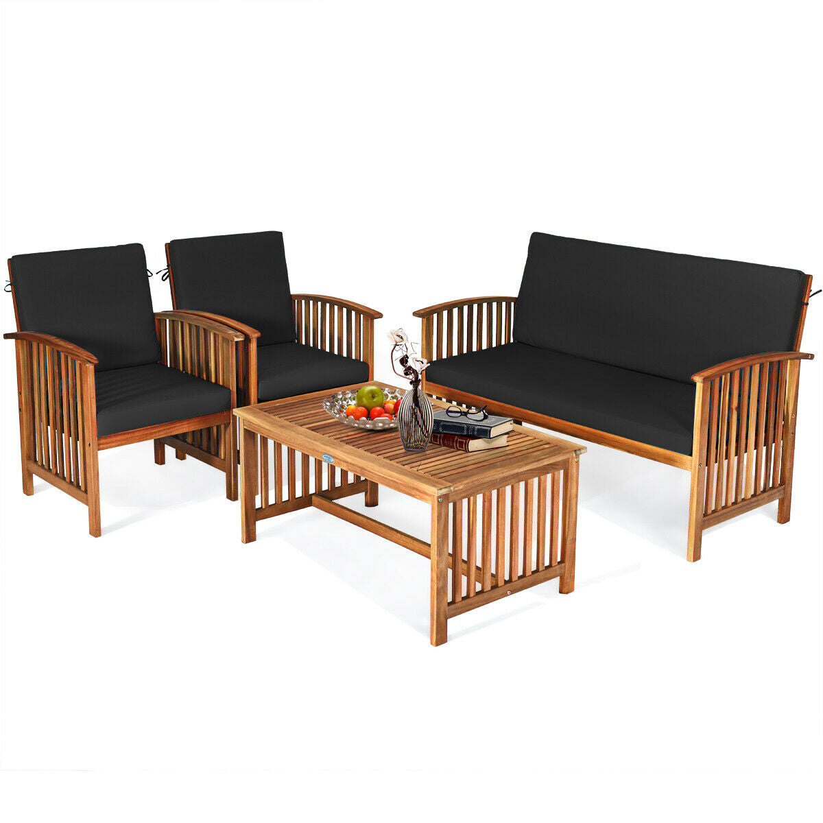 4 Pieces Patio Solid Wood Furniture Set-Black - Black