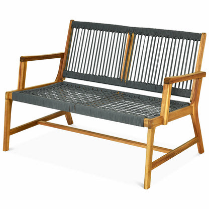 2-Person Acacia Wood Yard Bench for Balcony and Patio-Black - Gray