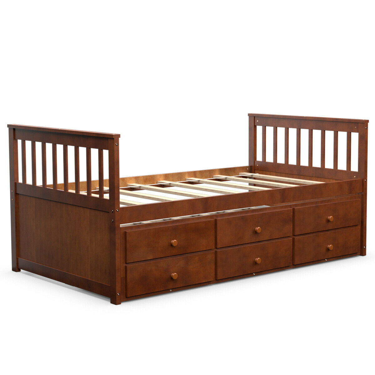 Twin Captain’s Bed with Trundle and 3 Storage Drawers-White - Walnut