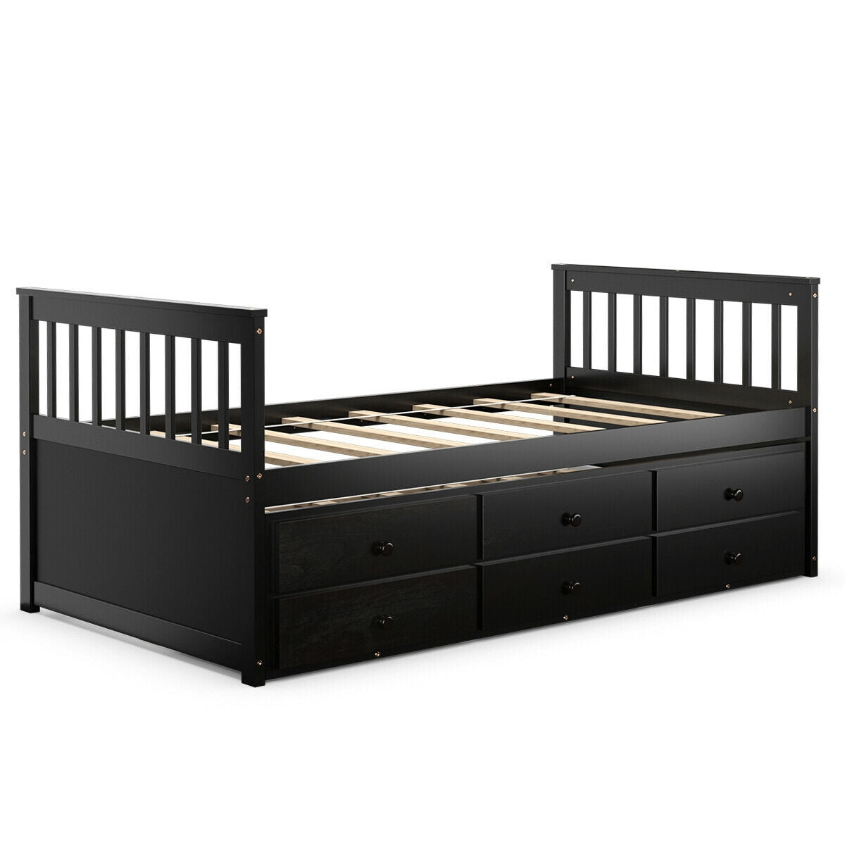 Twin Captain’s Bed with Trundle and 3 Storage Drawers-White - Dark Brown