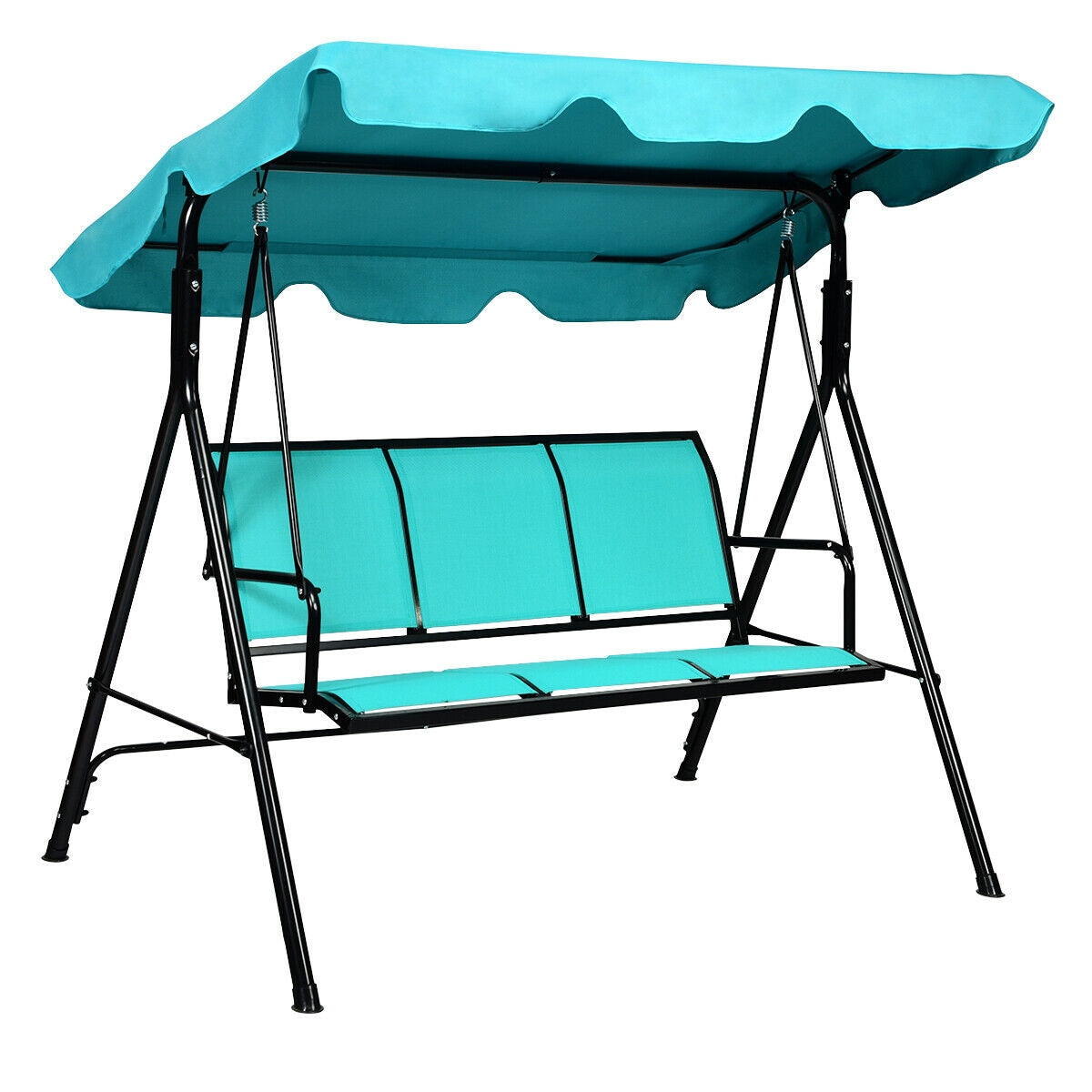 3 Person Steel Frame Patio Swing with Polyester Angle and Adjustable Canopy-Brown - Blue