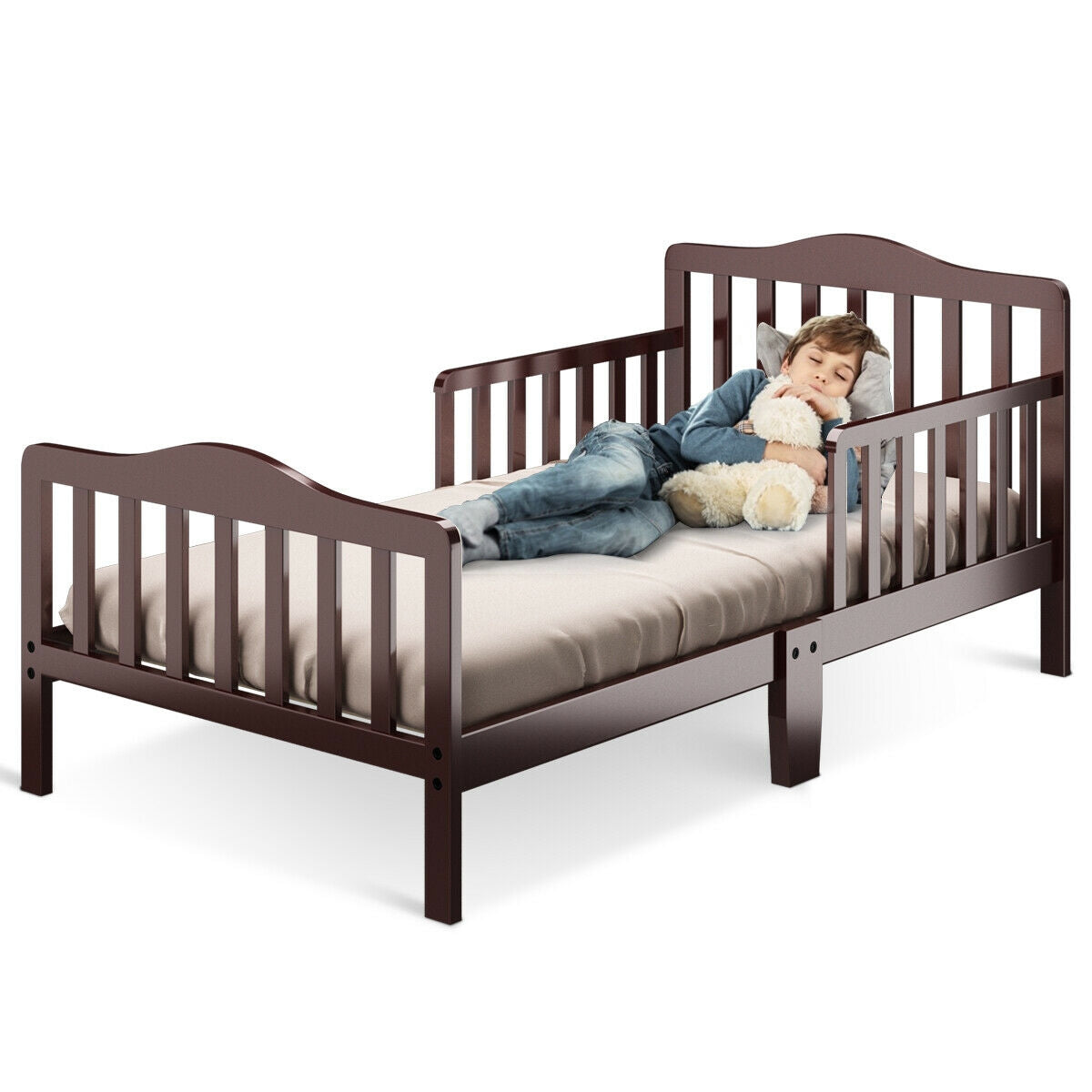 Classic Design Kids Wood Toddler Bed Frame with Two Side Safety Guardrails-Brown - Brown