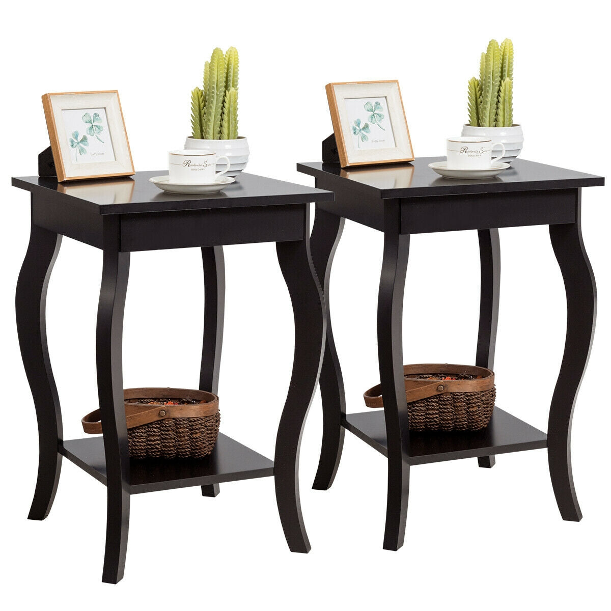 Set of 2 Accent Side Tables with Shelf - Brown