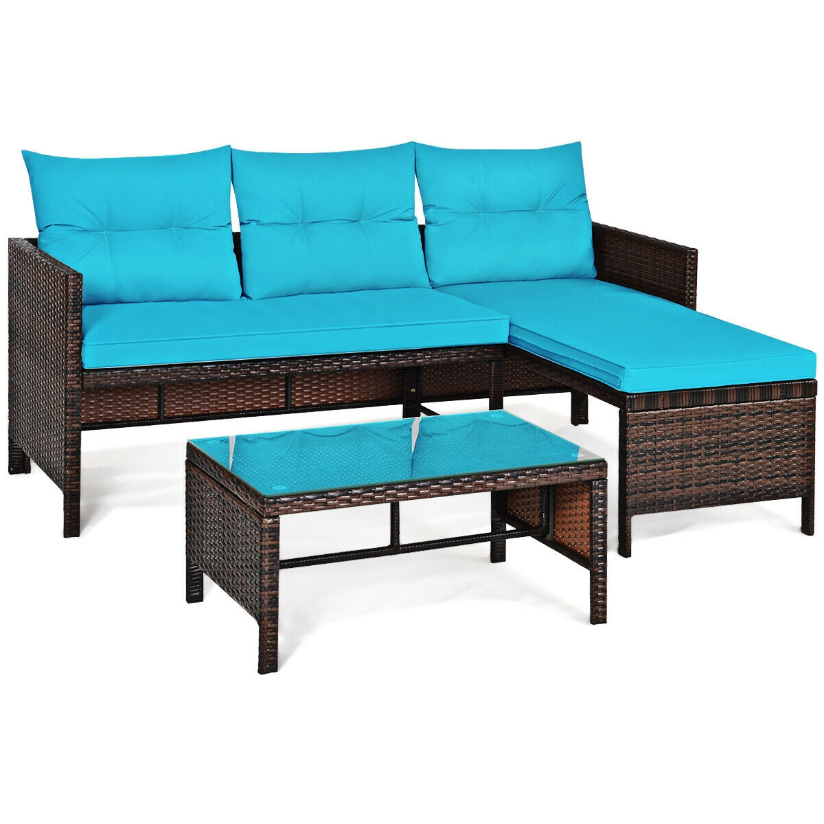 3 Pieces Patio Wicker Rattan Sofa Set-Beige - Turquoise