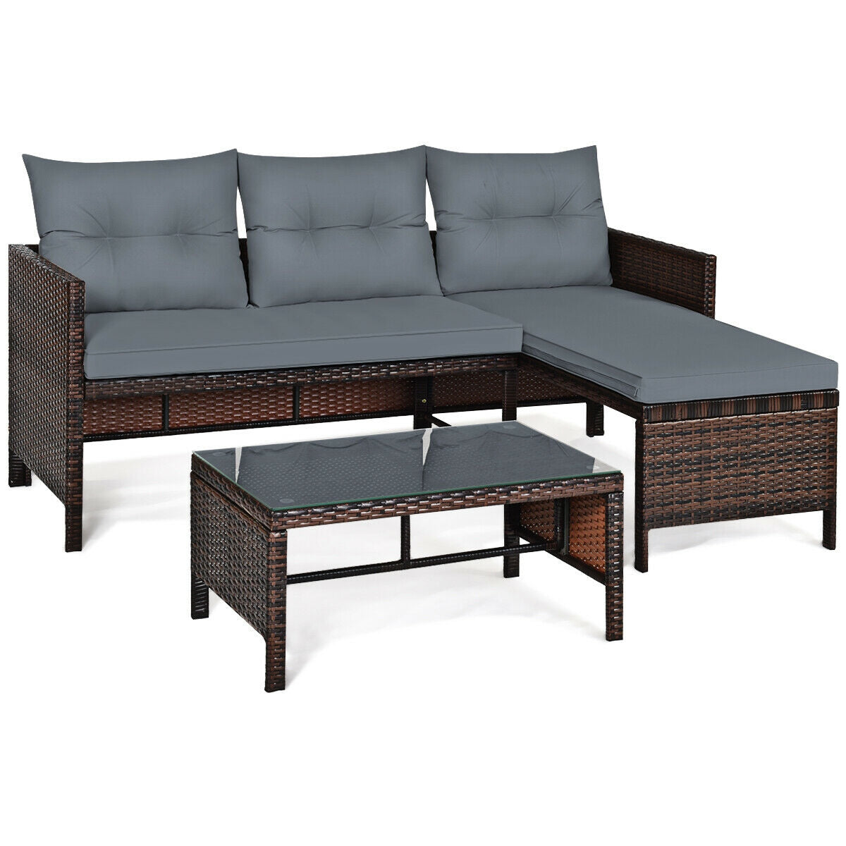 3 Pieces Patio Wicker Rattan Sofa Set-Beige - Gray