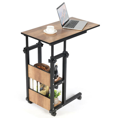C-Shape Mobile Snack End Table with Storage Shelves
