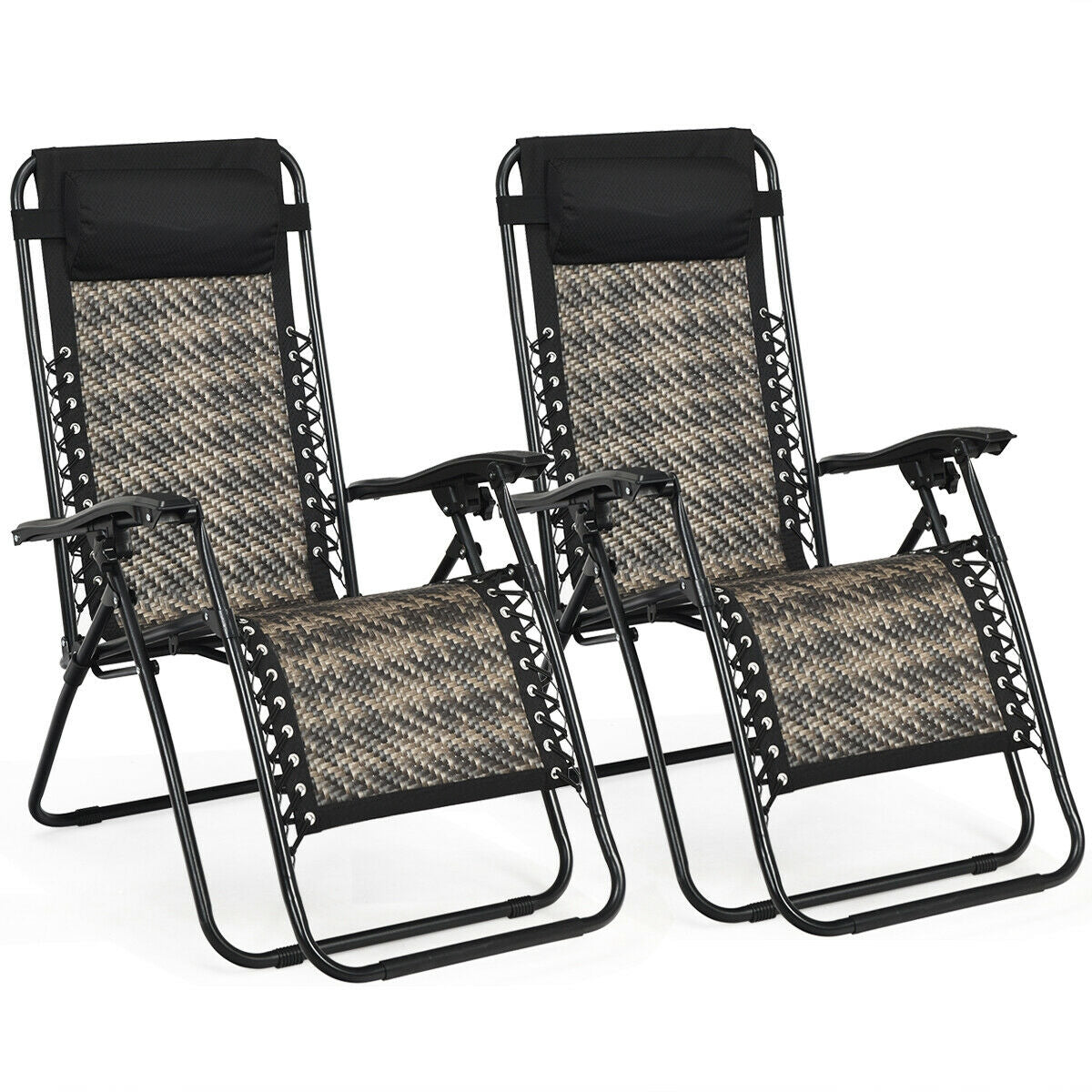 2 Pieces Folding Patio Rattan Zero Gravity Lounge Chair-Brown - Gray