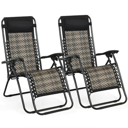 2 Pieces Folding Patio Rattan Zero Gravity Lounge Chair-Brown - Gray