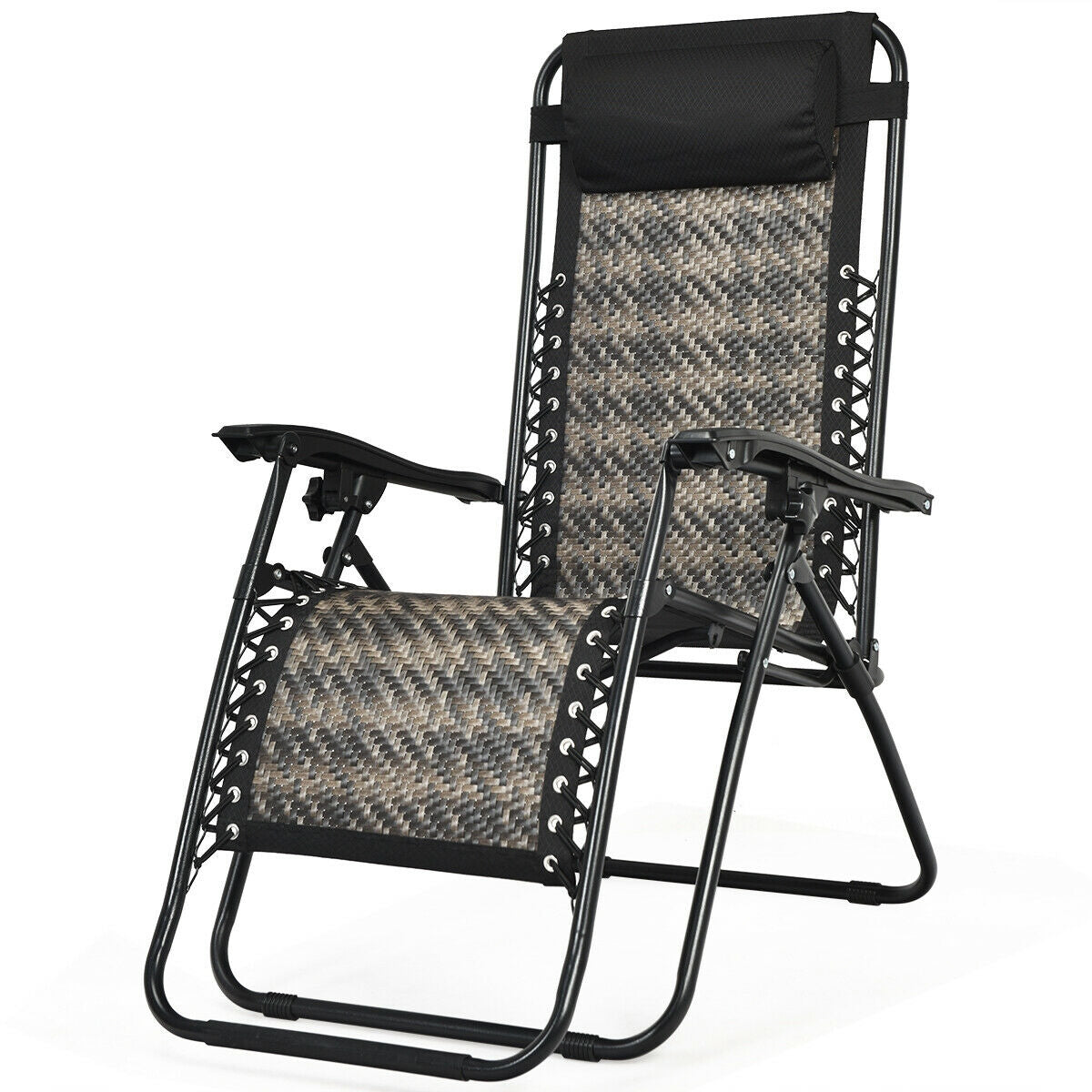 Folding Rattan Zero Gravity Lounge Chair with Removable Head Pillow-Brown - Gray