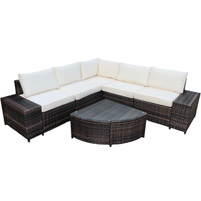 6 Piece Wicker Patio Sectional Sofa Set with Tempered Glass Coffee Table-White - White