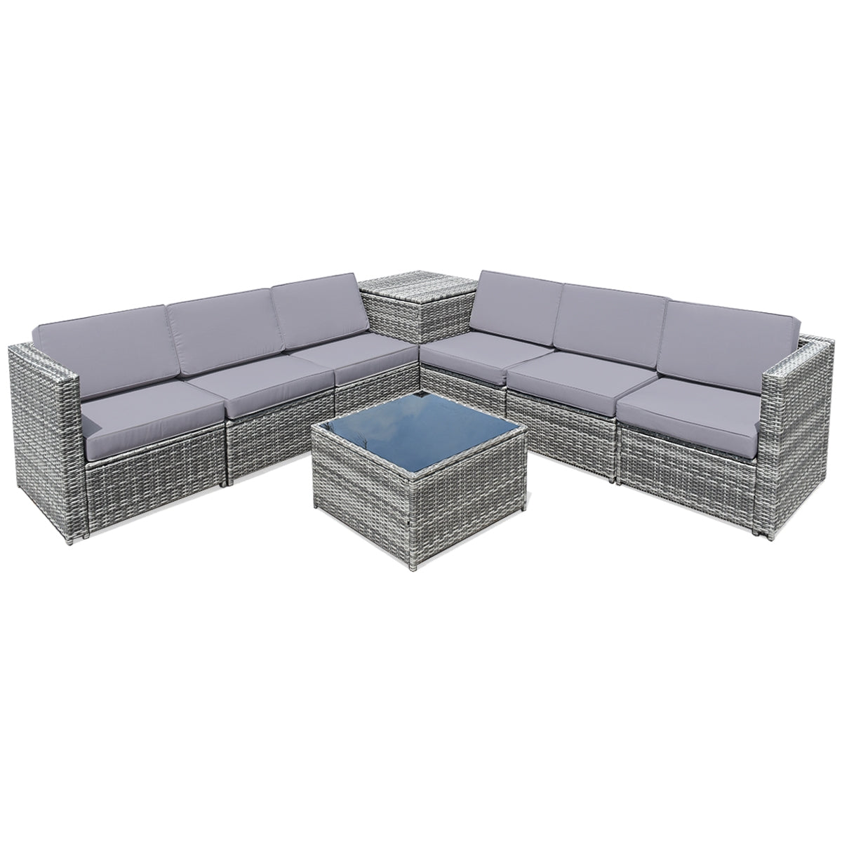8 Pieces Wicker Sofa Rattan Dining Set Patio Furniture with Storage Table-Gray - Gray