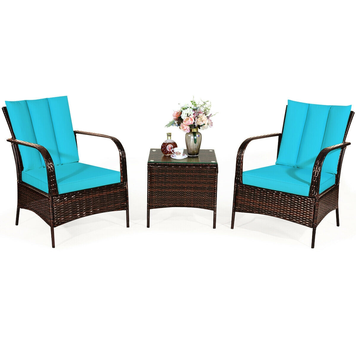 3 Pcs Patio Conversation Rattan Furniture Set with Glass Top Coffee Table and Cushions-White - Turquoise
