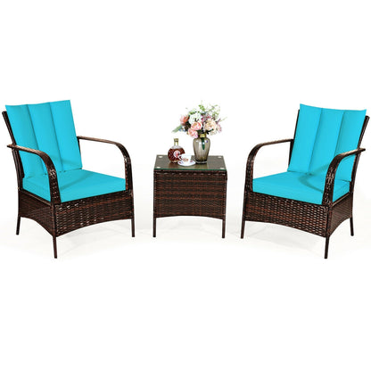 3 Pcs Patio Conversation Rattan Furniture Set with Glass Top Coffee Table and Cushions-White - Turquoise