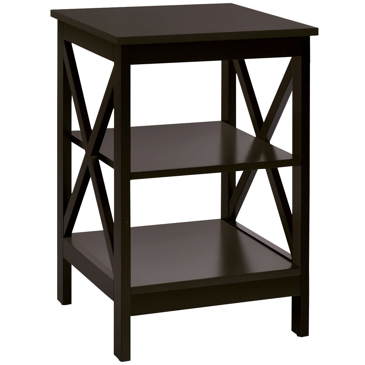 3-Tier Nightstand End Table with X Design Storage -Dark Brown