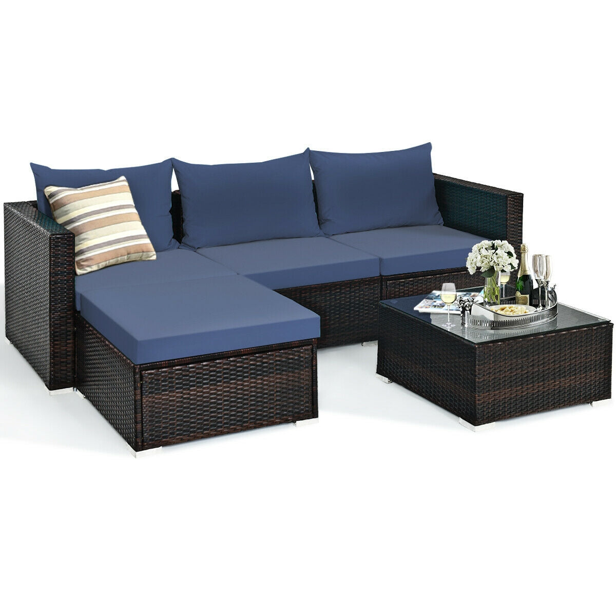5 Pieces Patio Rattan Furniture Set with Coffee Table-Off White - Navy