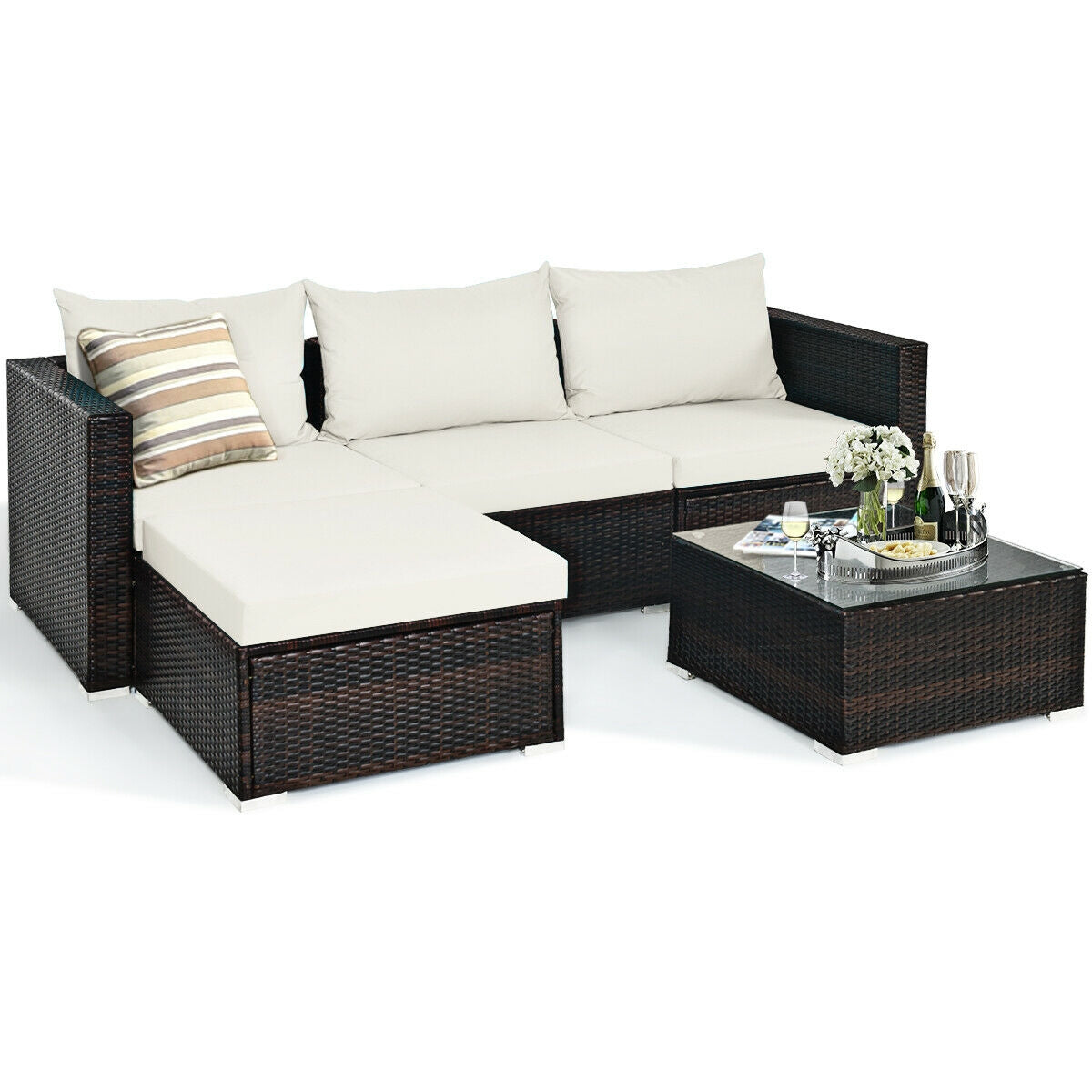 5 Pieces Patio Rattan Furniture Set with Coffee Table-Off White - Off White