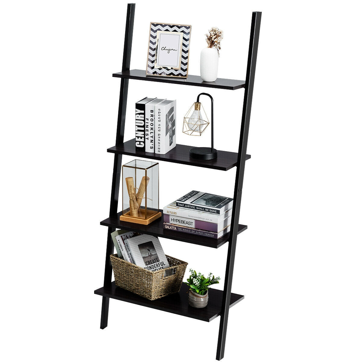 4-Tier Industrial Leaning Wall Bookcase-Black
