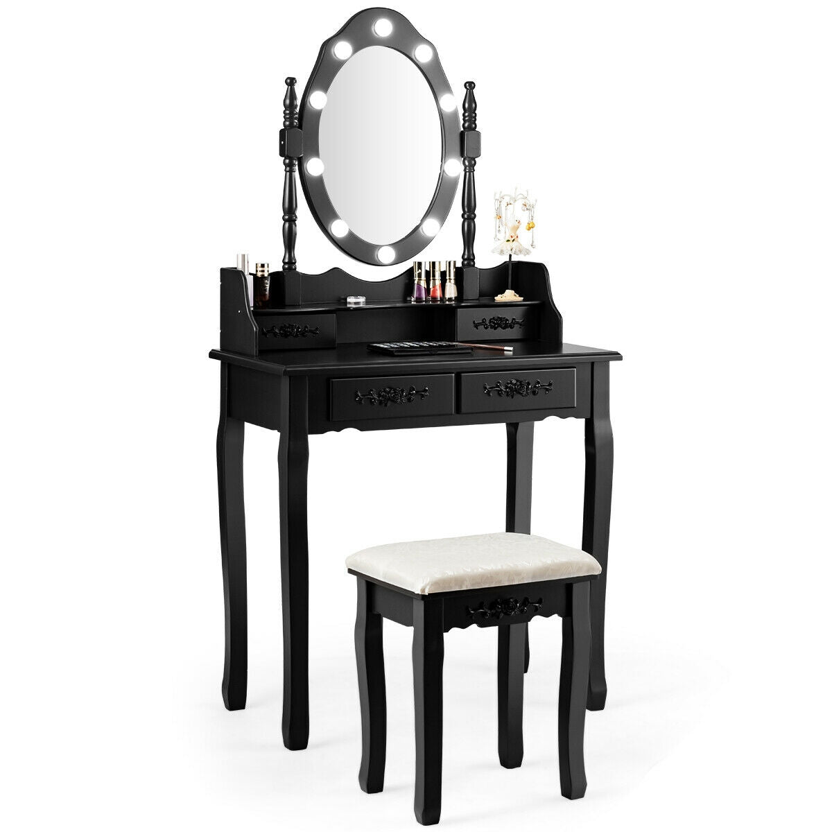 Makeup Vanity Dressing Table Set with Dimmable Bulbs Cushioned Stool-Black - Black