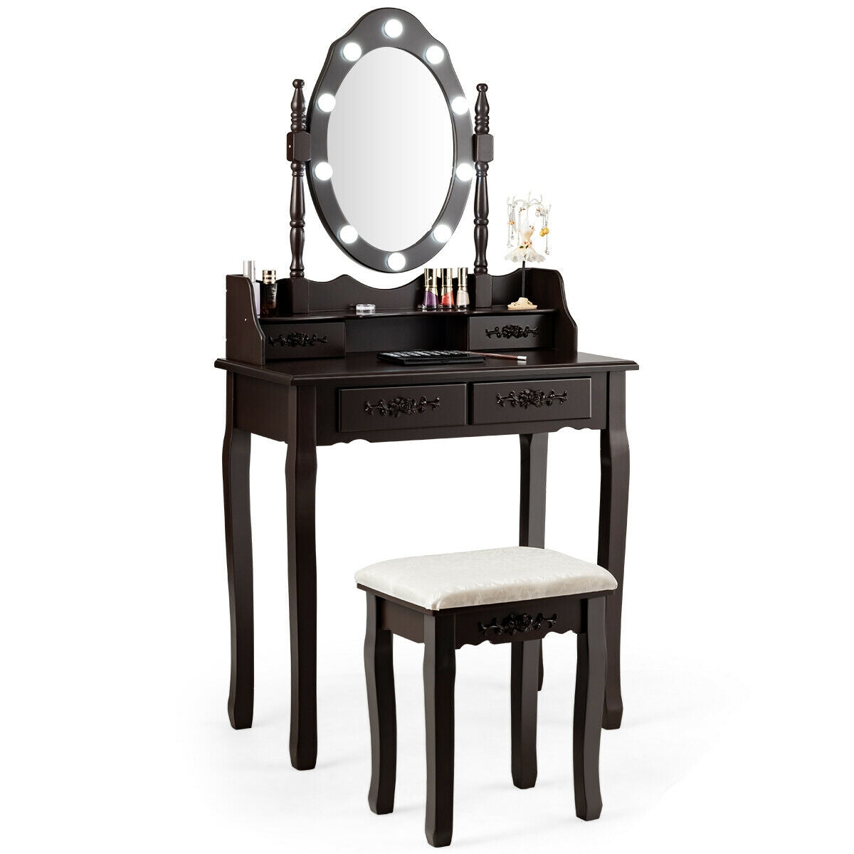 Makeup Vanity Dressing Table Set with Dimmable Bulbs Cushioned Stool-Black - Coffee