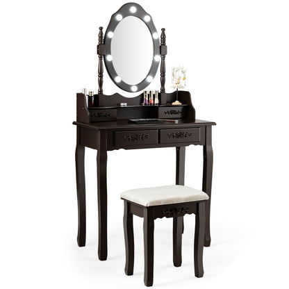 Makeup Vanity Dressing Table Set with Dimmable Bulbs Cushioned Stool-Black - Coffee
