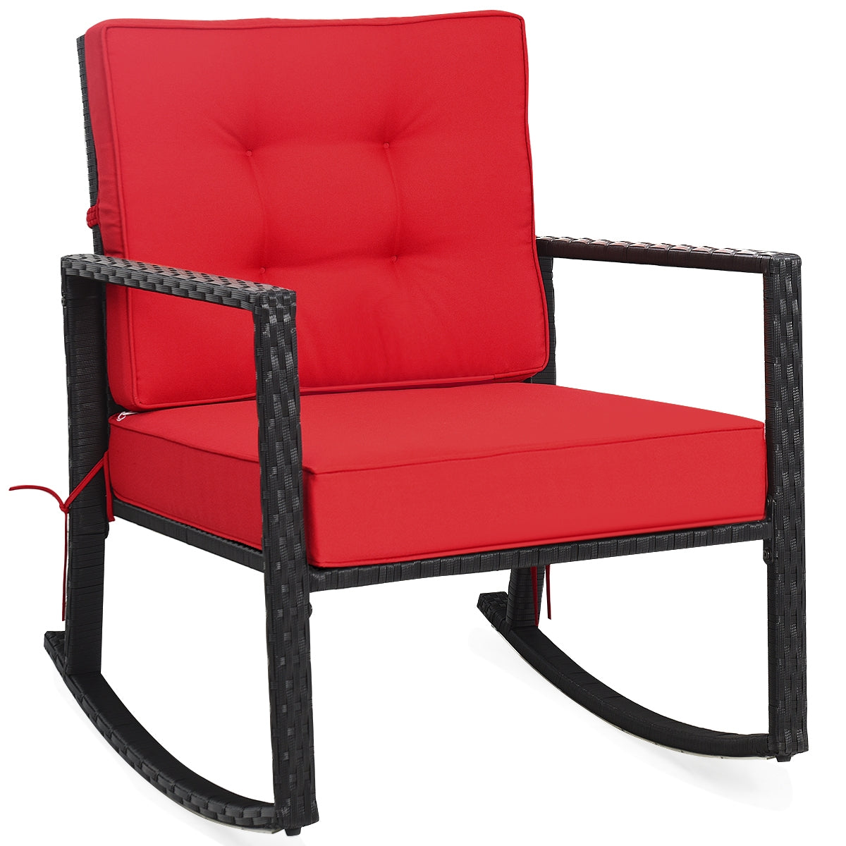 Patio Rattan Rocker Outdoor Glider Rocking Chair Cushion Lawn-Gray - Red