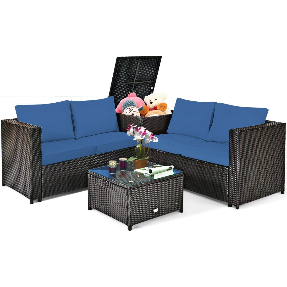 4 Pieces Outdoor Patio Rattan Furniture Set with Cushioned Loveseat and Storage Box-Brown - Navy