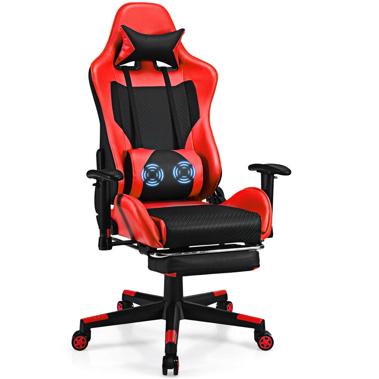 PU Leather Gaming Chair with USB Massage Lumbar Pillow and Footrest-Red - Red