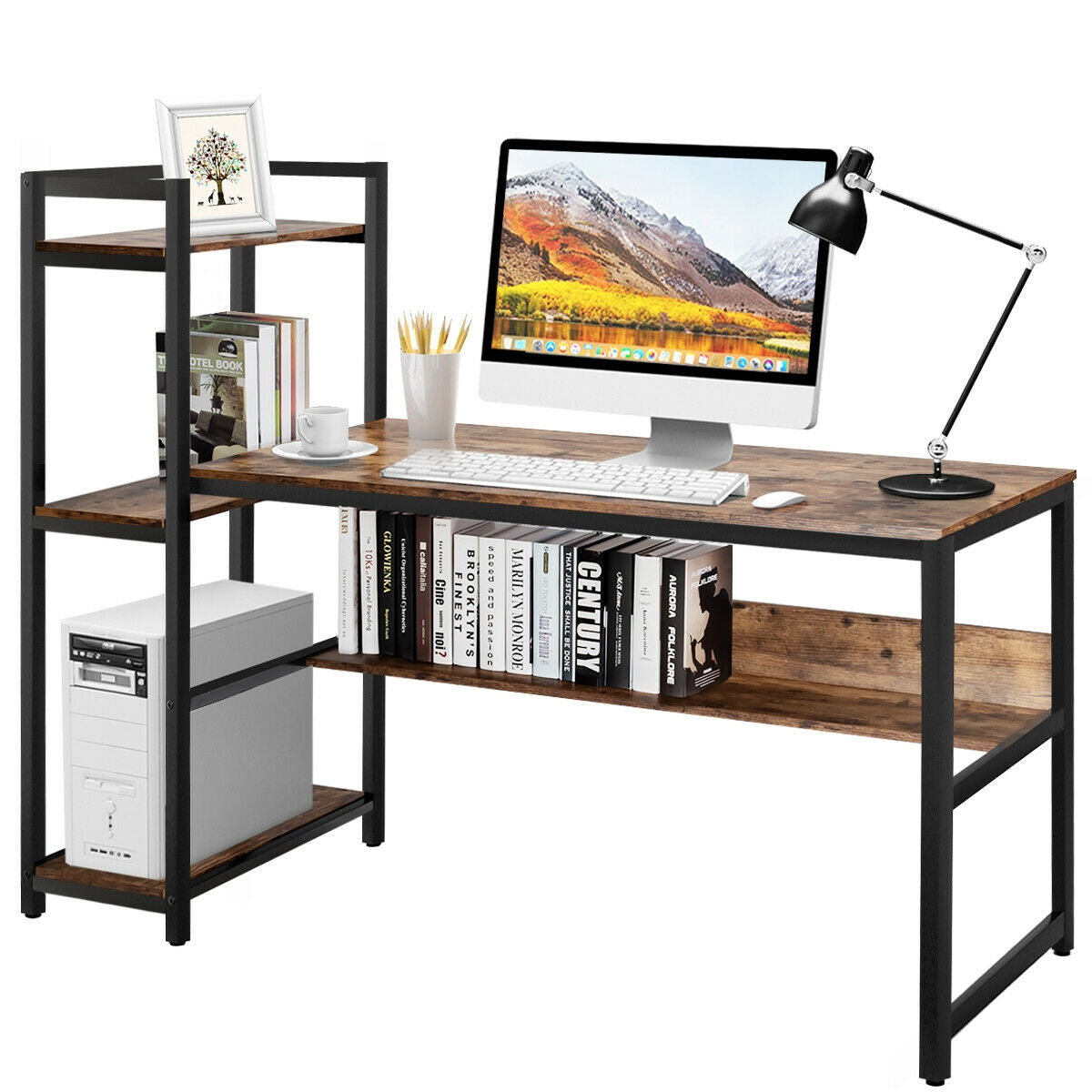 59-Inch Computer Desk Home Office Workstation 4-Tier Storage Shelves-Rustic Browm