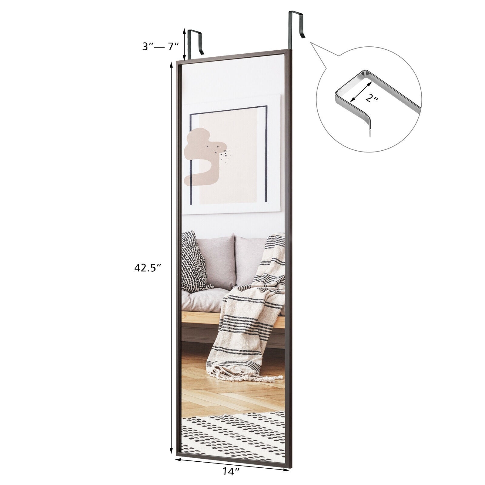 Full Length Metal Door Mirror with Adjustable Hook-Coffee