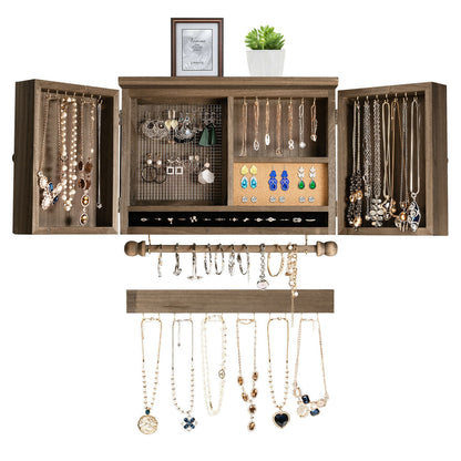 Vintage Wood Wall Mounted Jewelry Organizer with Barn Door-Brown