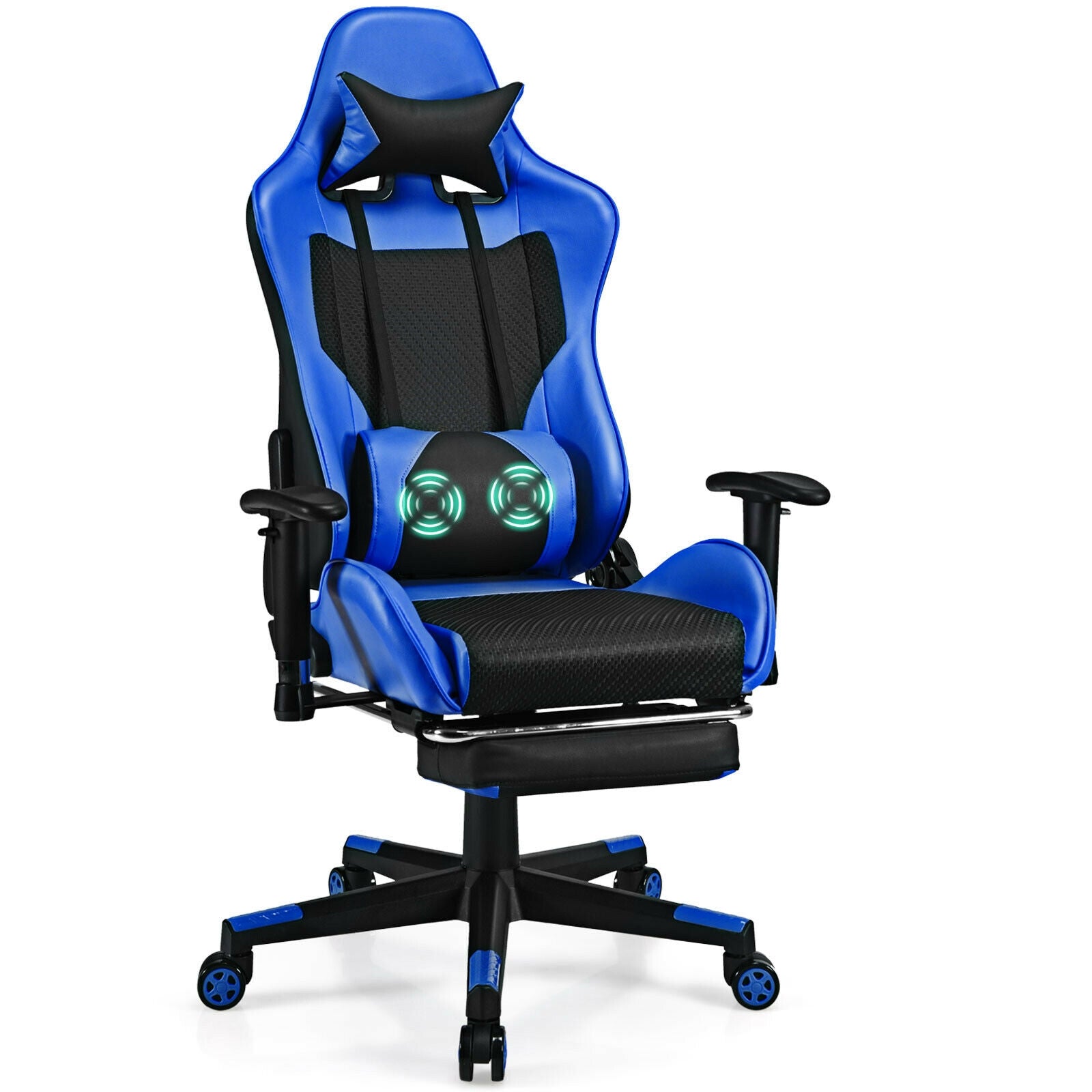 PU Leather Gaming Chair with USB Massage Lumbar Pillow and Footrest-Red - Blue