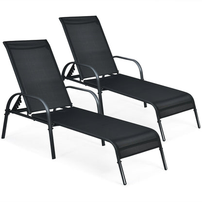 2 Pcs Outdoor Patio Lounge Chair Chaise Fabric with Adjustable Reclining Armrest-Brown