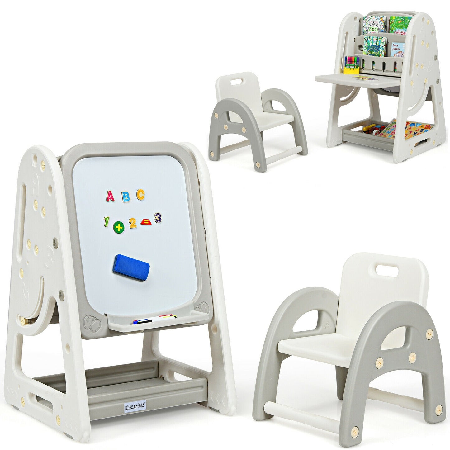2-in-1 Kids Easel Desk Chair Set Book Rack Adjustable Art Painting Board-Gray - Gray