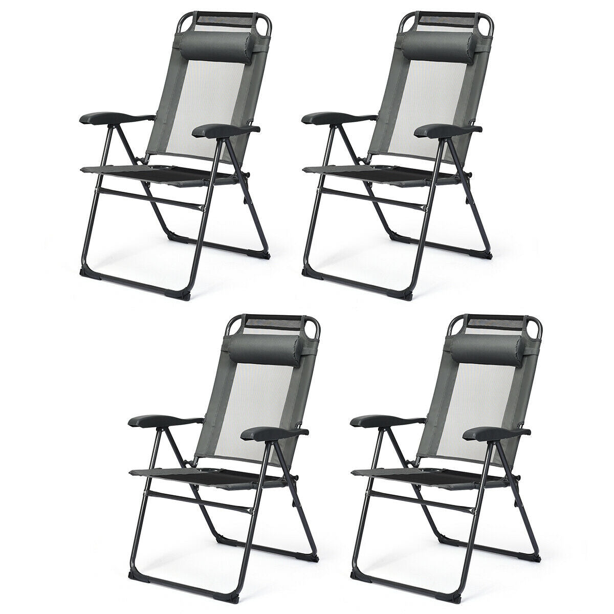 4 Pieces Patio Garden Adjustable Reclining Folding Chairs with Headrest-Black - Gray