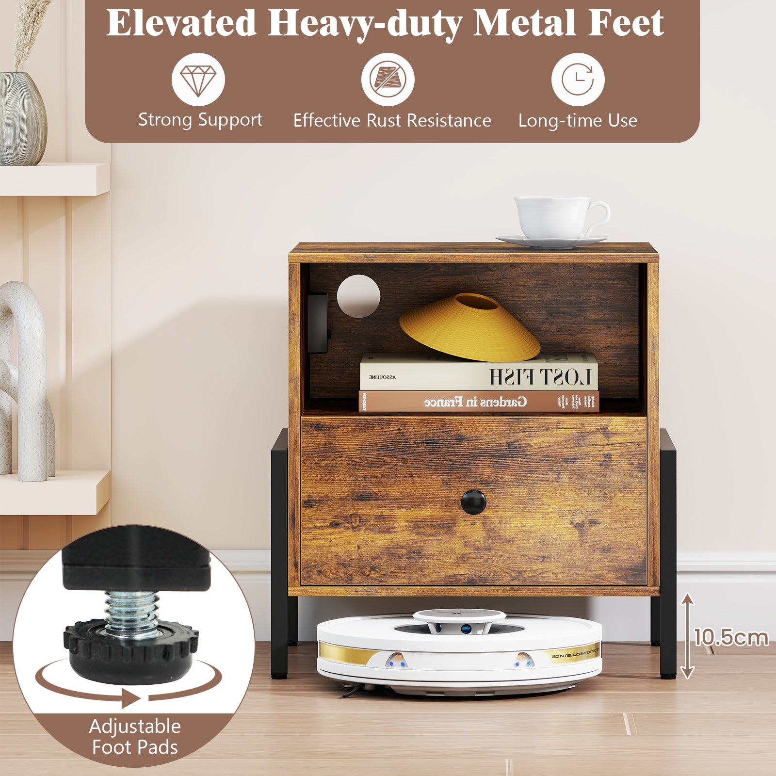 Nightstand with Charging Station and Drawer Sofa Side Table-Rustic Brown