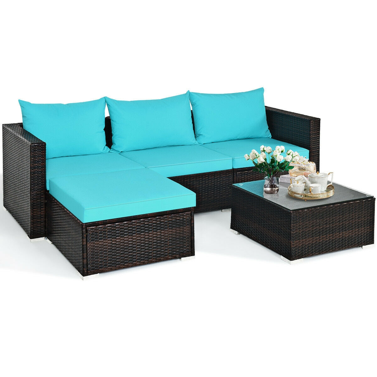 5 Pieces Patio Rattan Furniture Set with Coffee Table-Off White - Turquoise