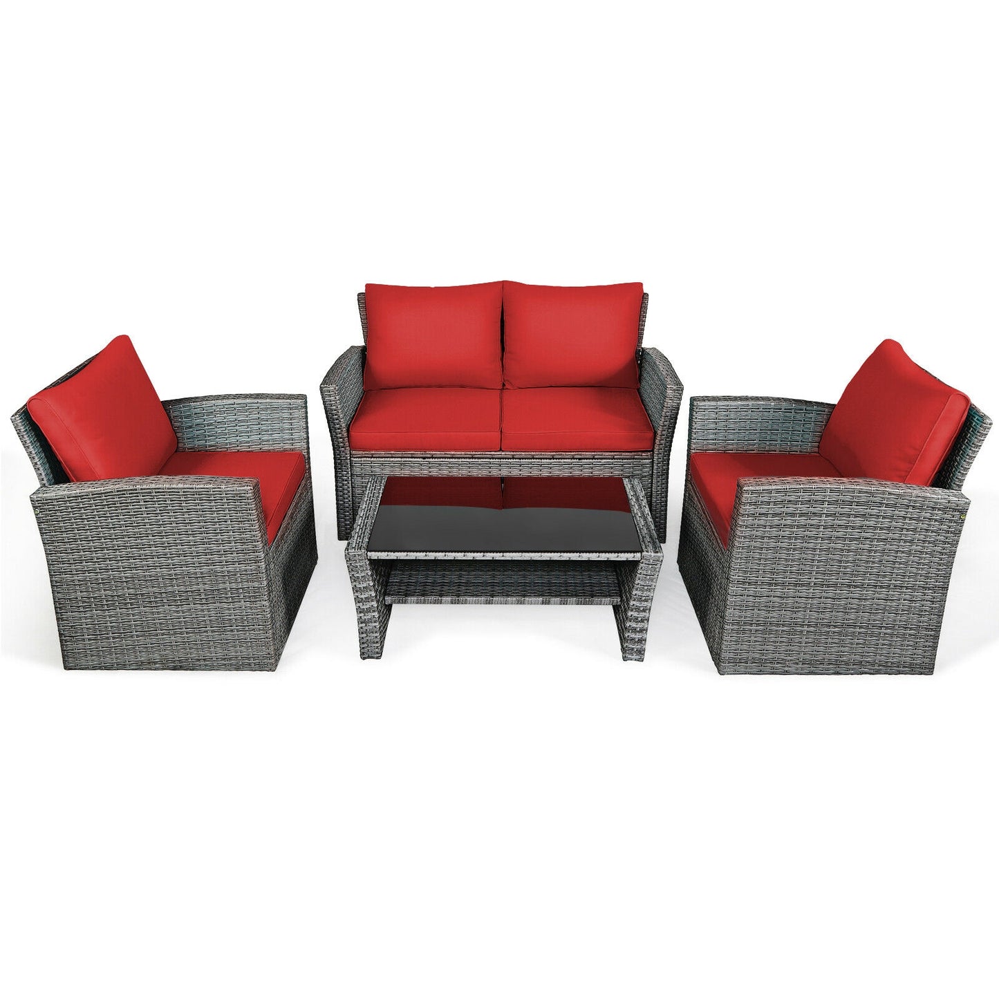 4 Pieces Patio Rattan Furniture Set Sofa Table with Storage Shelf Cushion-Gray - Red