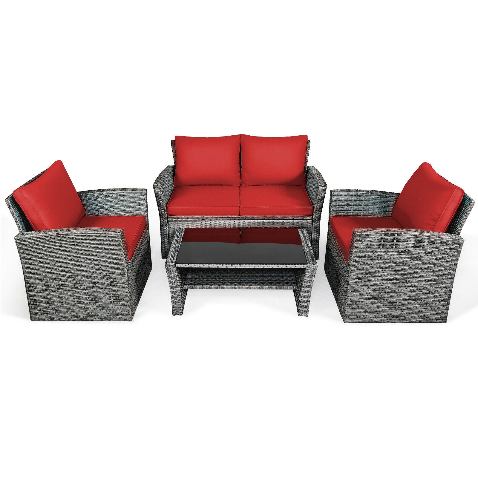 4 Pieces Patio Rattan Furniture Set Sofa Table with Storage Shelf Cushion-Gray - Red