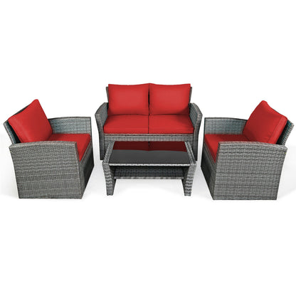 4 Pieces Patio Rattan Furniture Set Sofa Table with Storage Shelf Cushion-Gray - Red